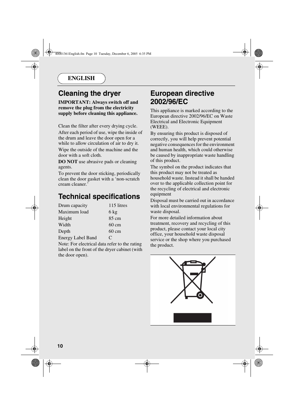 Cleaning the dryer, Technical specifications | Candy CDV 262 - 04 ARG User Manual | Page 10 / 24