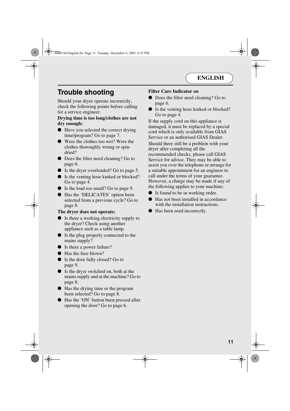 Trouble shooting, English | Candy CDV 262 - 04 ARG User Manual | Page 11 / 24