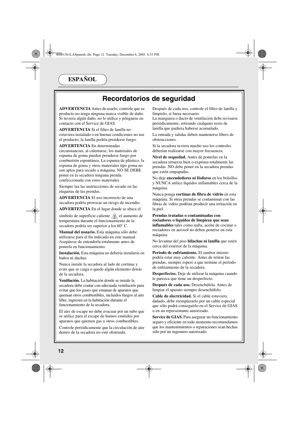 Recordatorios de seguridad, Español | Candy CDV 262 - 04 ARG User Manual | Page 12 / 24