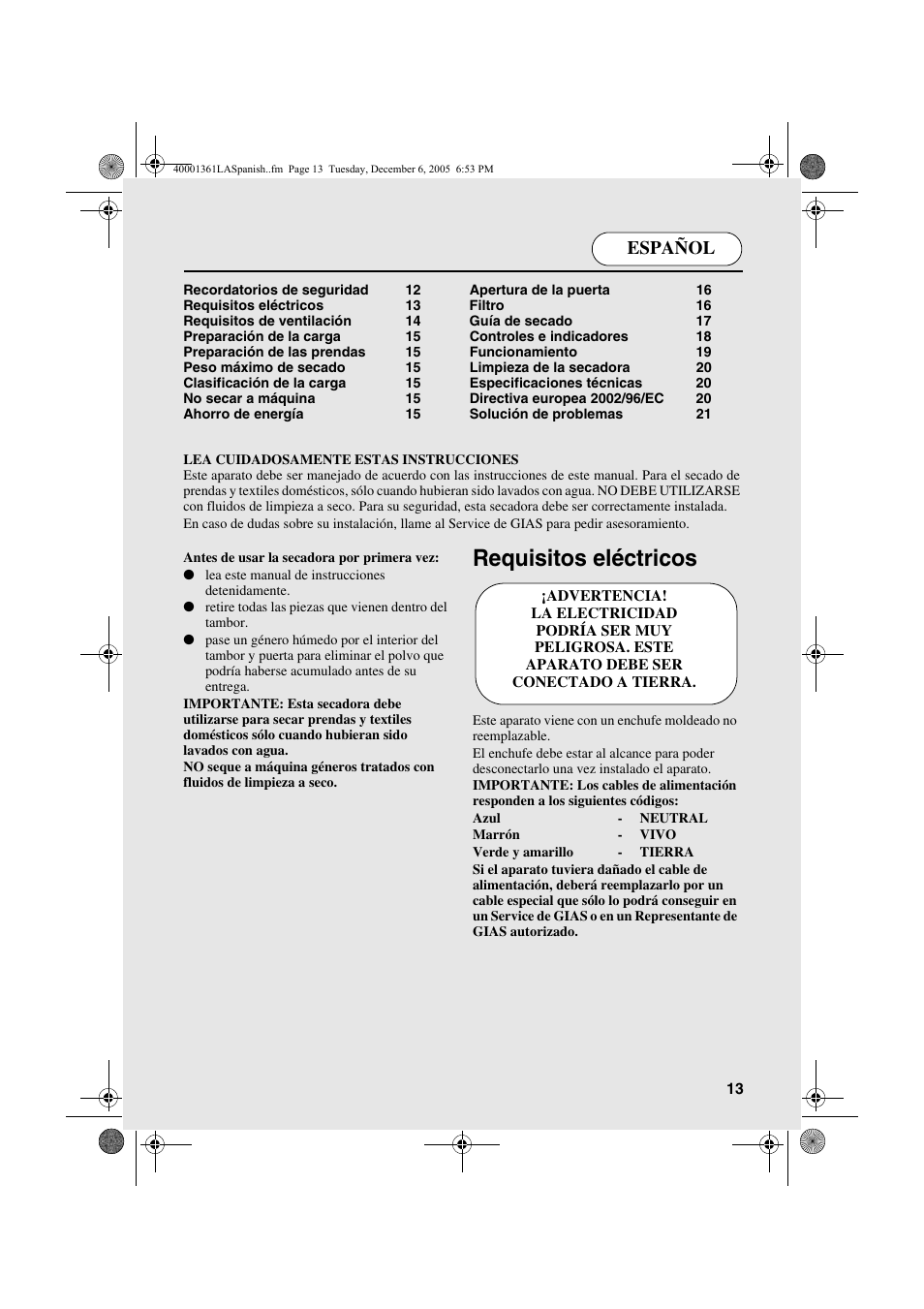 Requisitos eléctricos, Español | Candy CDV 262 - 04 ARG User Manual | Page 13 / 24