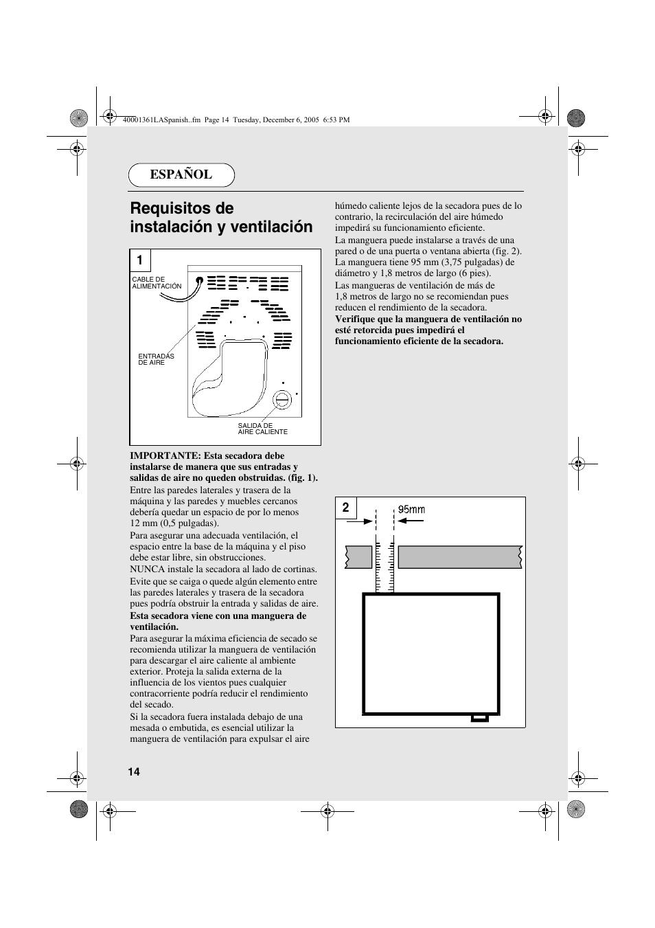 Requisitos de instalación y ventilación, Español | Candy CDV 262 - 04 ARG User Manual | Page 14 / 24