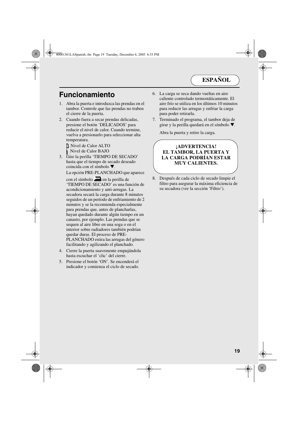 Funcionamiento, Español | Candy CDV 262 - 04 ARG User Manual | Page 19 / 24