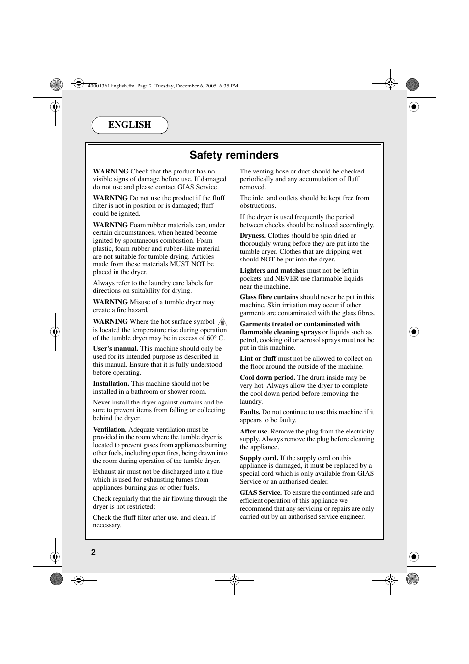 Safety reminders, English | Candy CDV 262 - 04 ARG User Manual | Page 2 / 24