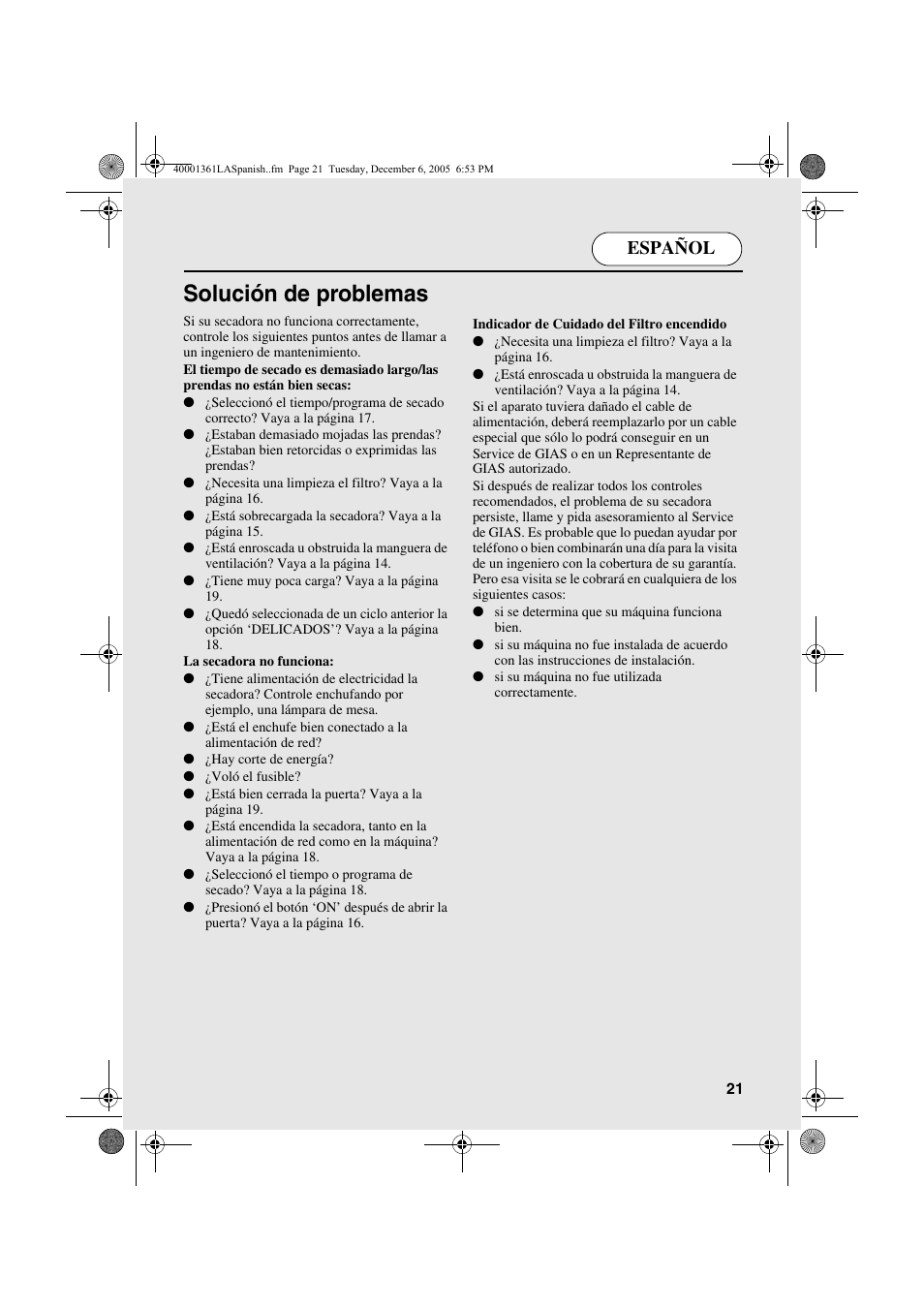 Solución de problemas, Español | Candy CDV 262 - 04 ARG User Manual | Page 21 / 24