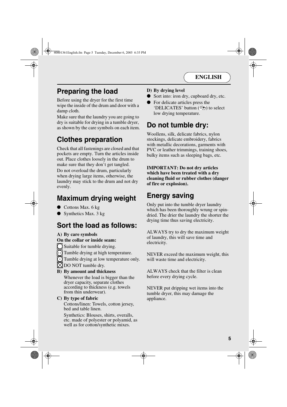 Preparing the load, Clothes preparation, Maximum drying weight | Sort the load as follows, Do not tumble dry, Energy saving | Candy CDV 262 - 04 ARG User Manual | Page 5 / 24