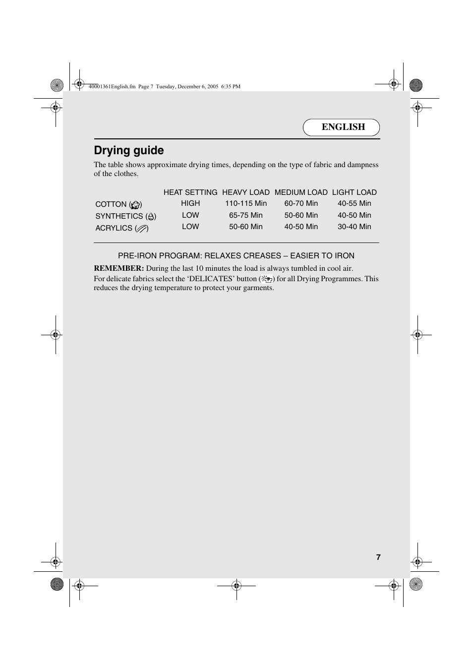 Drying guide, English | Candy CDV 262 - 04 ARG User Manual | Page 7 / 24