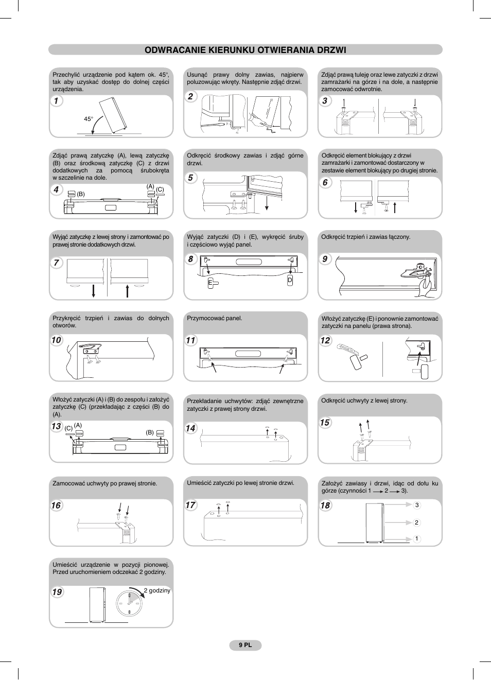 Odwracanie kierunku otwierania drzwi | Candy CSCN 7615 E User Manual | Page 9 / 16