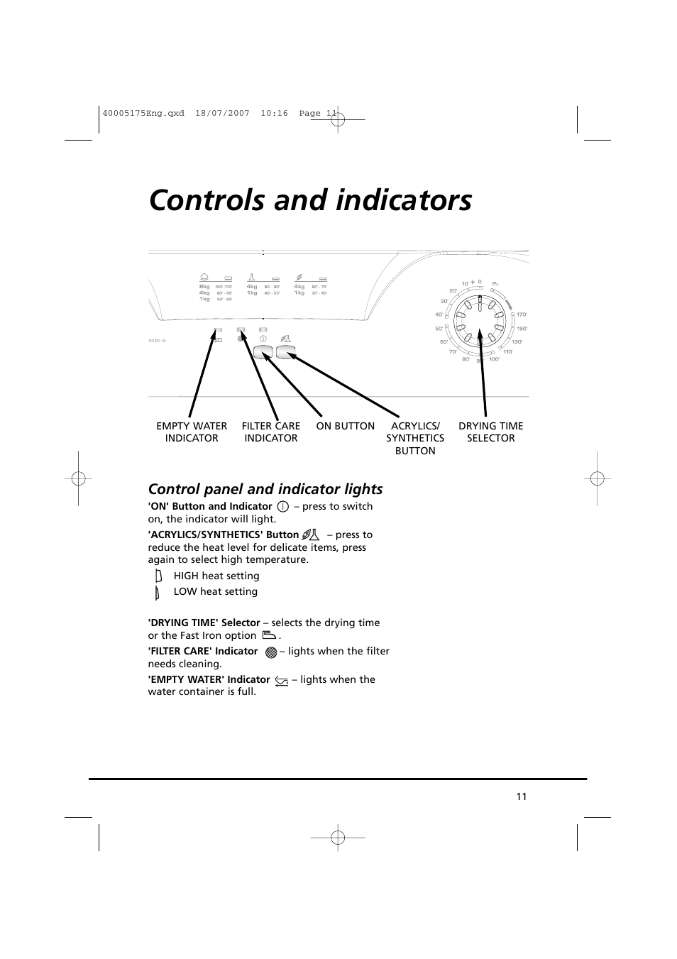 Controls and indicators, Control panel and indicator lights | Candy GO DC 18-88S User Manual | Page 11 / 74