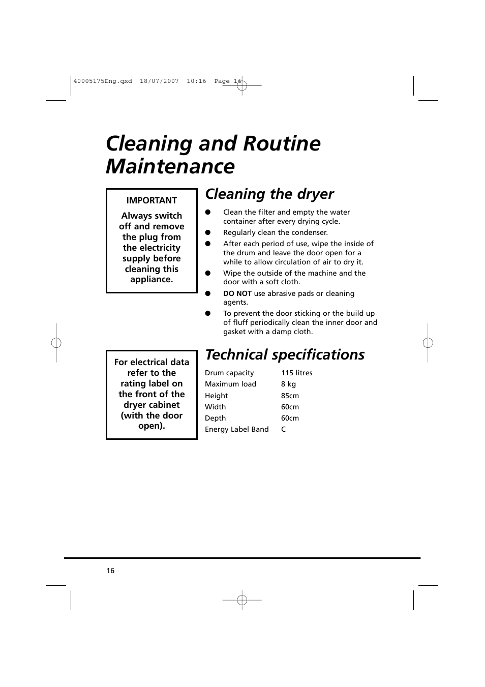 Cleaning and routine maintenance, Cleaning the dryer, Technical specifications | Candy GO DC 18-88S User Manual | Page 16 / 74