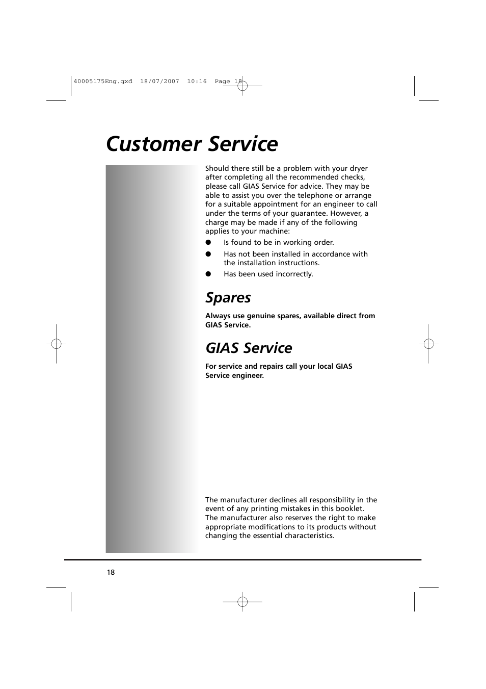 Customer service, Spares, Gias service | Candy GO DC 18-88S User Manual | Page 18 / 74