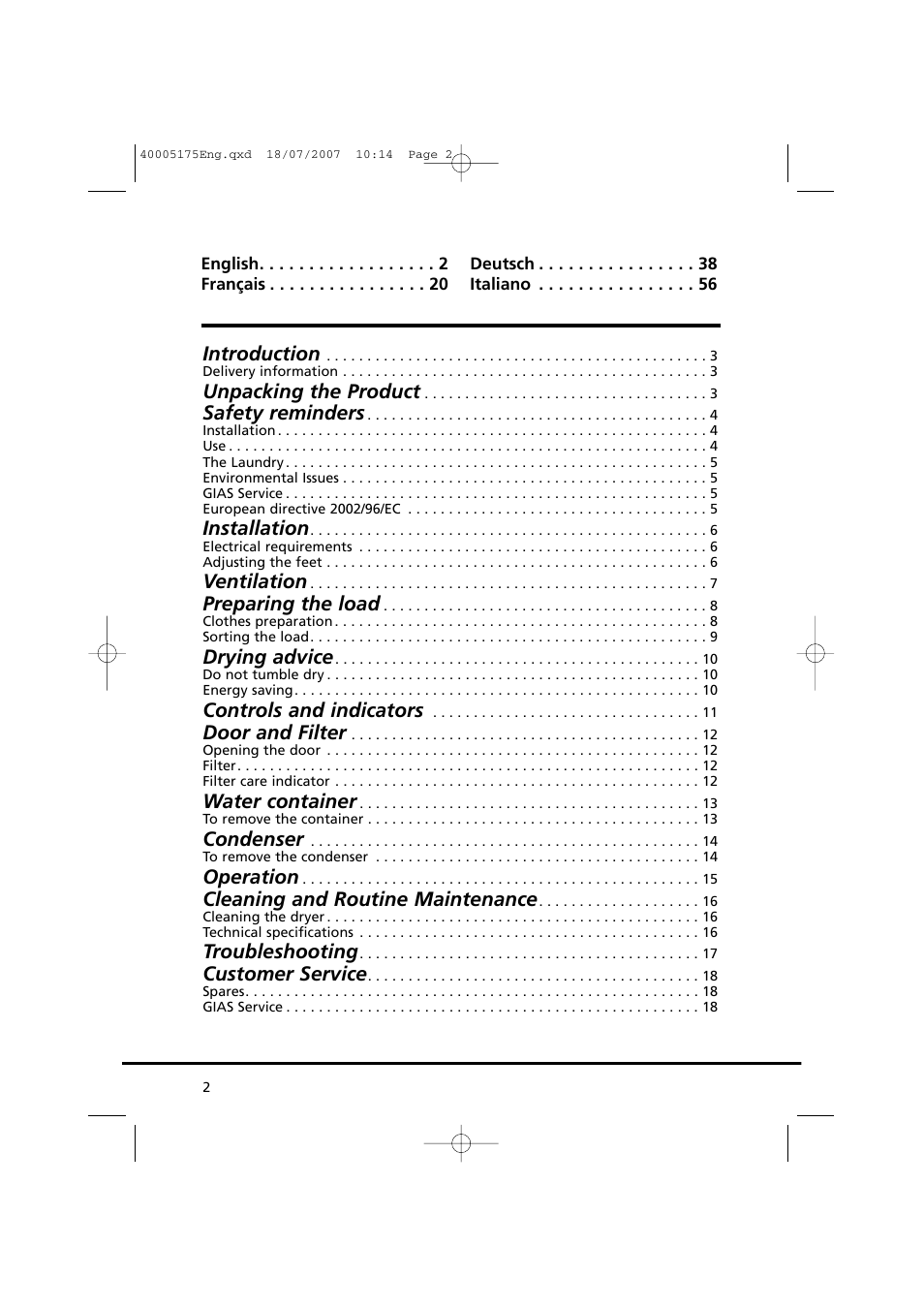 Introduction, Unpacking the product, Safety reminders | Installation, Ventilation, Preparing the load, Drying advice, Controls and indicators, Door and filter, Water container | Candy GO DC 18-88S User Manual | Page 2 / 74