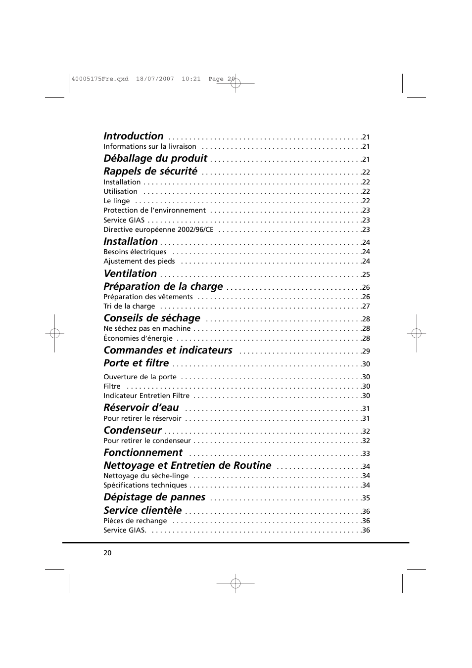 Introduction, Déballage du produit, Rappels de sécurité | Installation, Ventilation, Préparation de la charge, Conseils de séchage, Commandes et indicateurs, Porte et filtre, Réservoir d’eau | Candy GO DC 18-88S User Manual | Page 20 / 74