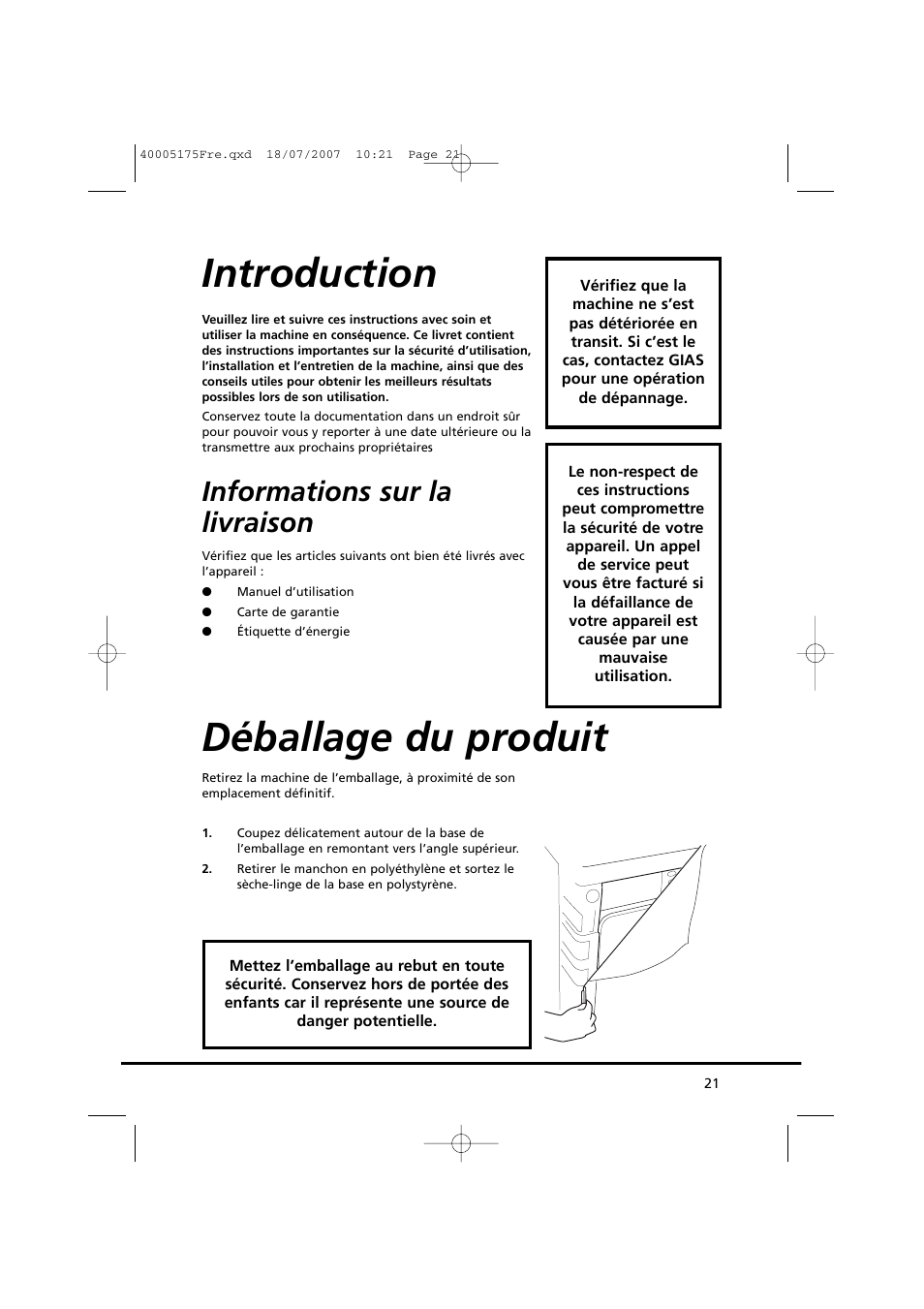 Introduction, Déballage du produit, Informations sur la livraison | Candy GO DC 18-88S User Manual | Page 21 / 74