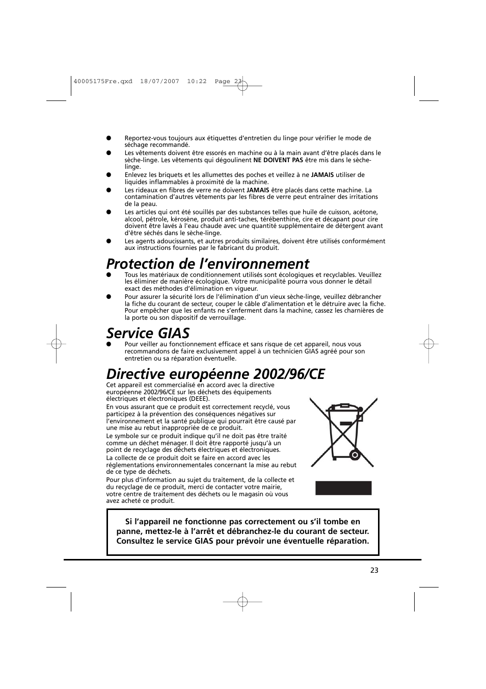 Protection de l’environnement, Service gias | Candy GO DC 18-88S User Manual | Page 23 / 74