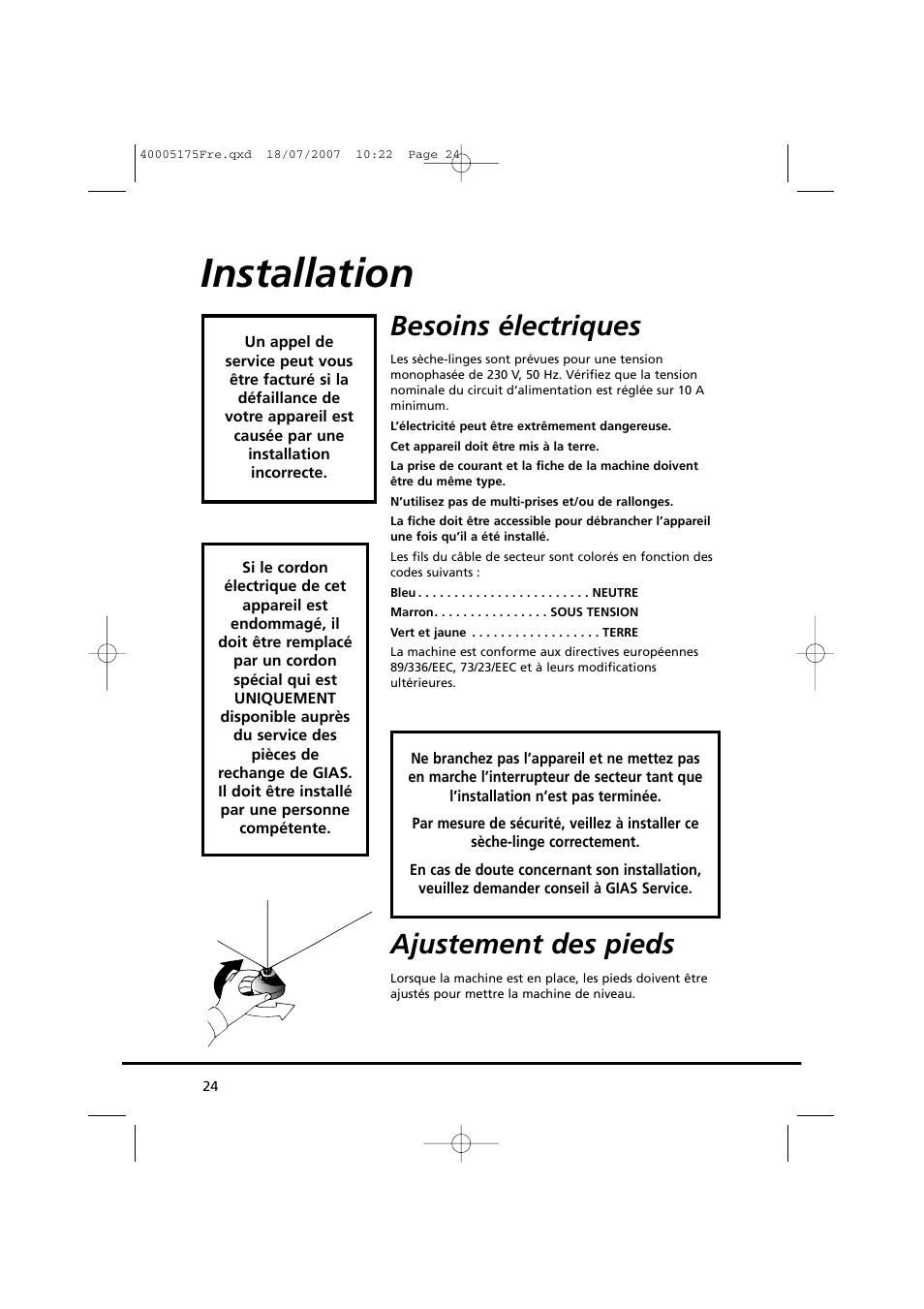 Installation, Besoins électriques, Ajustement des pieds | Candy GO DC 18-88S User Manual | Page 24 / 74