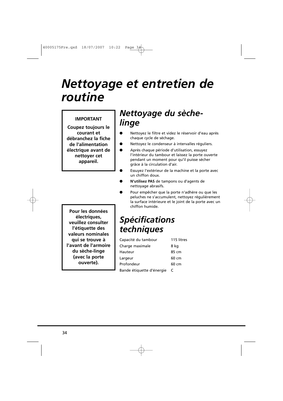 Nettoyage et entretien de routine, Nettoyage du sèche- linge, Spécifications techniques | Candy GO DC 18-88S User Manual | Page 34 / 74