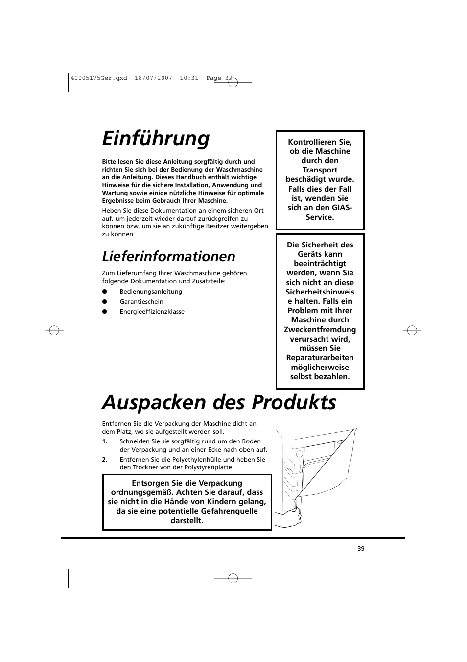 Einführung, Auspacken des produkts, Lieferinformationen | Candy GO DC 18-88S User Manual | Page 39 / 74