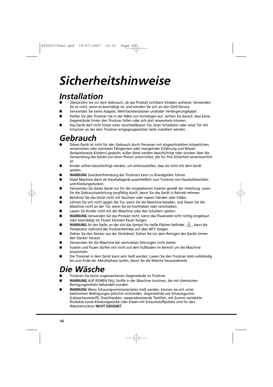 Sicherheitshinweise, Installation, Gebrauch | Die wäsche | Candy GO DC 18-88S User Manual | Page 40 / 74