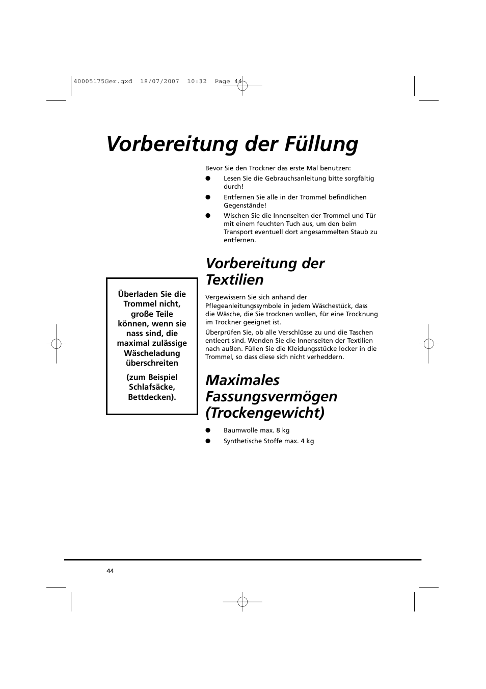 Vorbereitung der füllung, Vorbereitung der textilien, Maximales fassungsvermögen (trockengewicht) | Candy GO DC 18-88S User Manual | Page 44 / 74