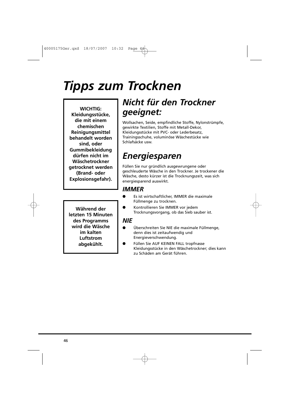 Tipps zum trocknen, Nicht für den trockner geeignet, Energiesparen | Candy GO DC 18-88S User Manual | Page 46 / 74