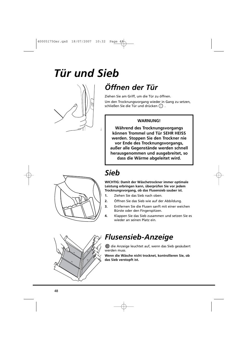 Tür und sieb, Öffnen der tür, Sieb | Flusensieb-anzeige | Candy GO DC 18-88S User Manual | Page 48 / 74