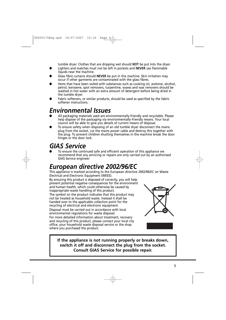 Environmental issues, Gias service | Candy GO DC 18-88S User Manual | Page 5 / 74