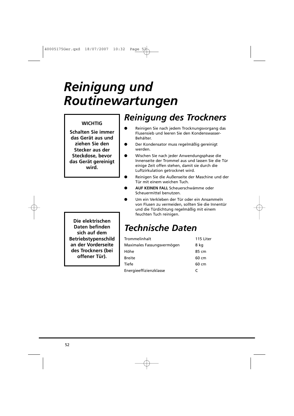 Reinigung und routinewartungen, Reinigung des trockners, Technische daten | Candy GO DC 18-88S User Manual | Page 52 / 74
