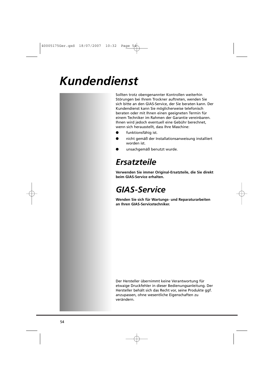 Kundendienst, Ersatzteile, Gias-service | Candy GO DC 18-88S User Manual | Page 54 / 74