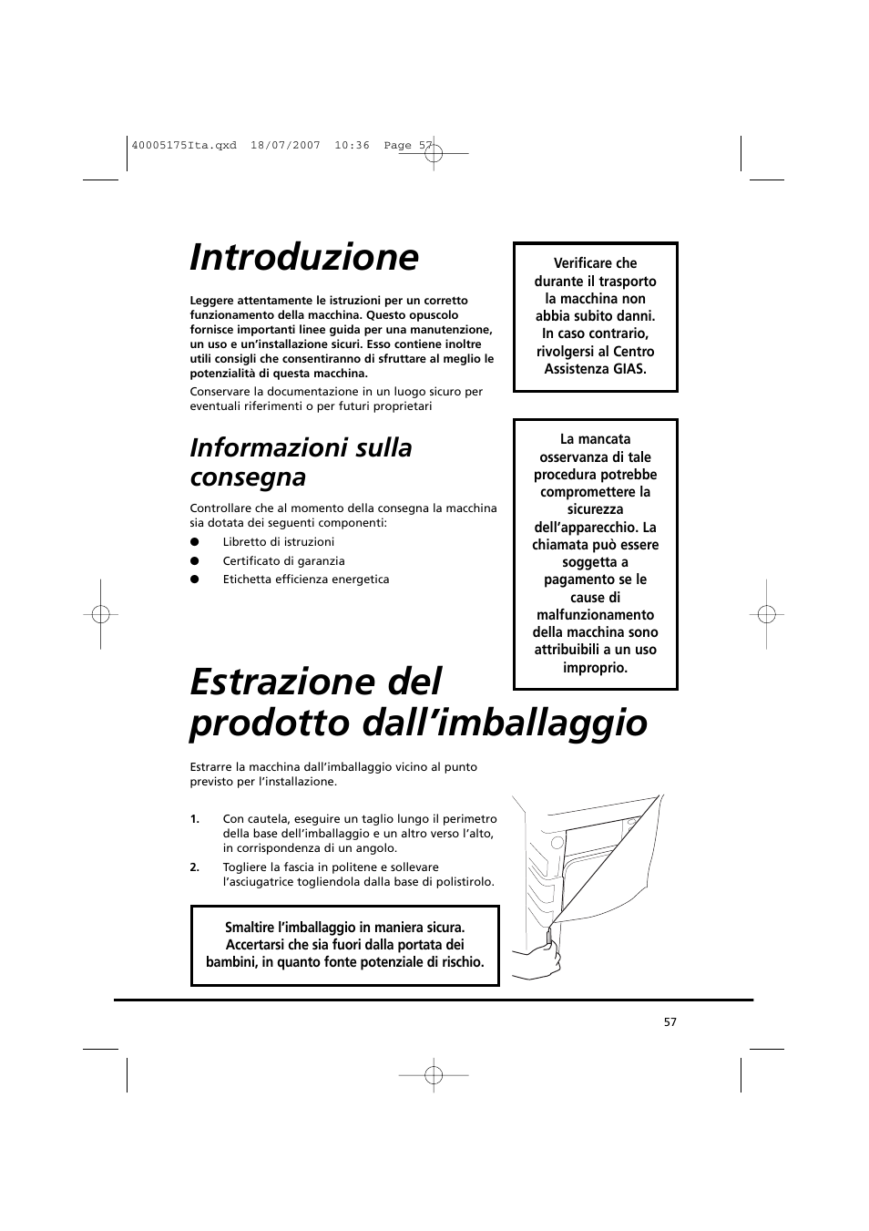 Introduzione, Estrazione del prodotto dall’imballaggio, Informazioni sulla consegna | Candy GO DC 18-88S User Manual | Page 57 / 74
