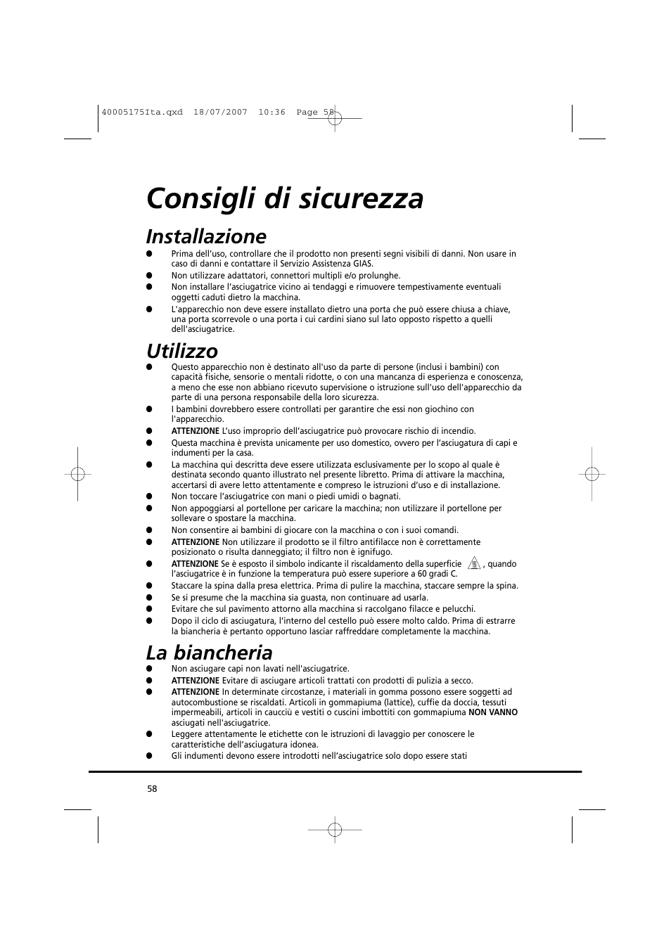 Consigli di sicurezza, Installazione, Utilizzo | La biancheria | Candy GO DC 18-88S User Manual | Page 58 / 74