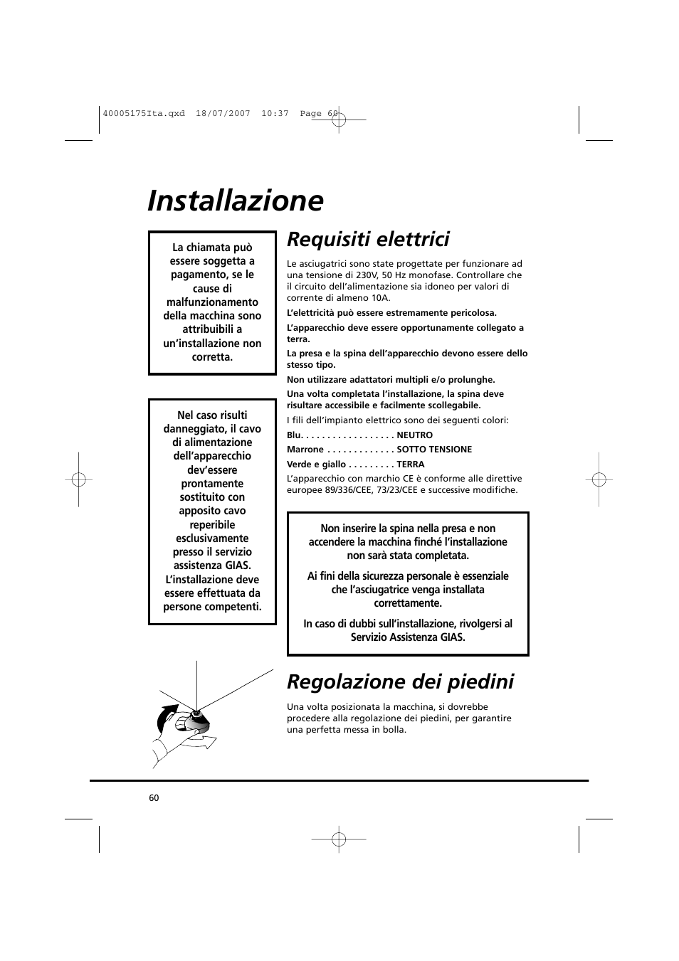 Installazione, Requisiti elettrici, Regolazione dei piedini | Candy GO DC 18-88S User Manual | Page 60 / 74