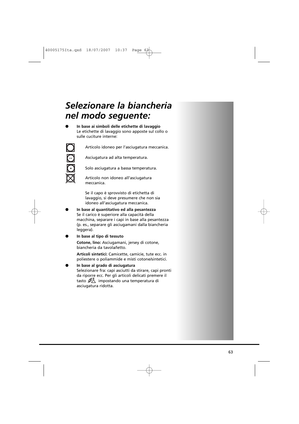 Selezionare la biancheria nel modo seguente | Candy GO DC 18-88S User Manual | Page 63 / 74