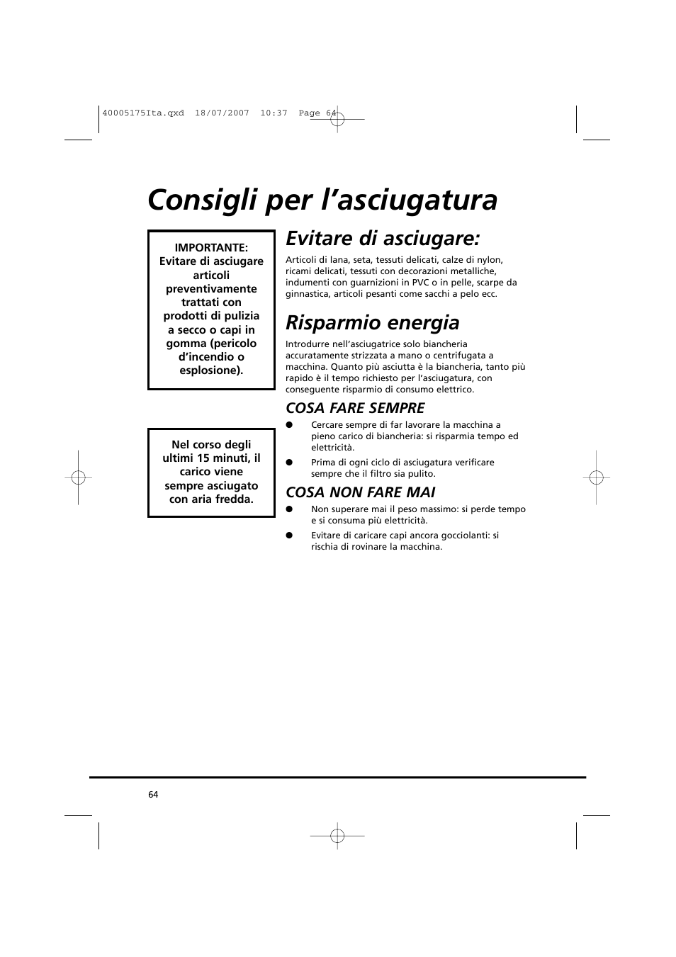 Consigli per l’asciugatura, Evitare di asciugare, Risparmio energia | Cosa fare sempre, Cosa non fare mai | Candy GO DC 18-88S User Manual | Page 64 / 74