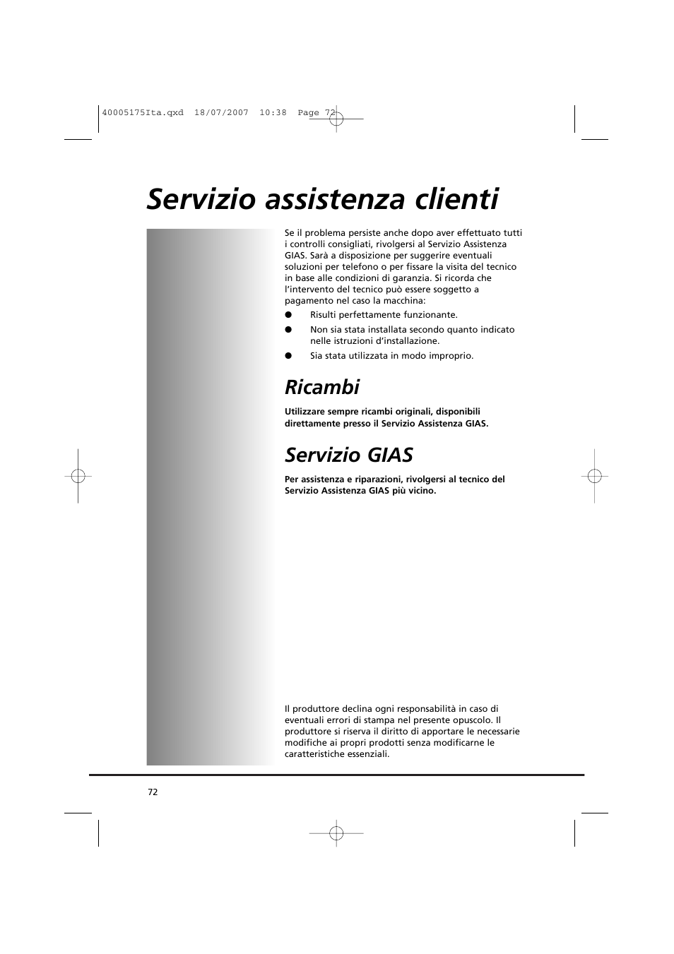 Servizio assistenza clienti, Ricambi, Servizio gias | Candy GO DC 18-88S User Manual | Page 72 / 74