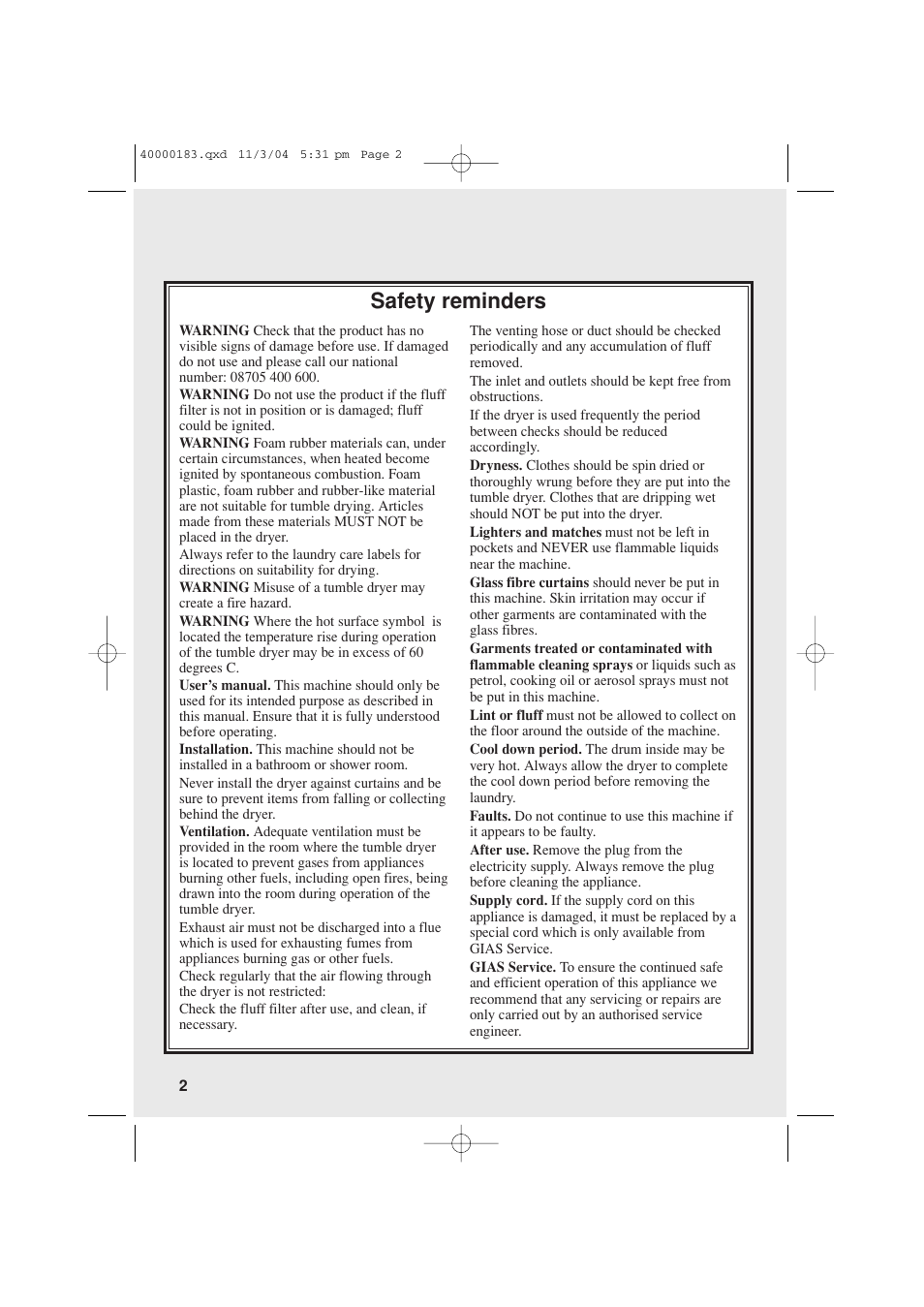 Safety reminders | Candy AB CDV 262 User Manual | Page 2 / 12