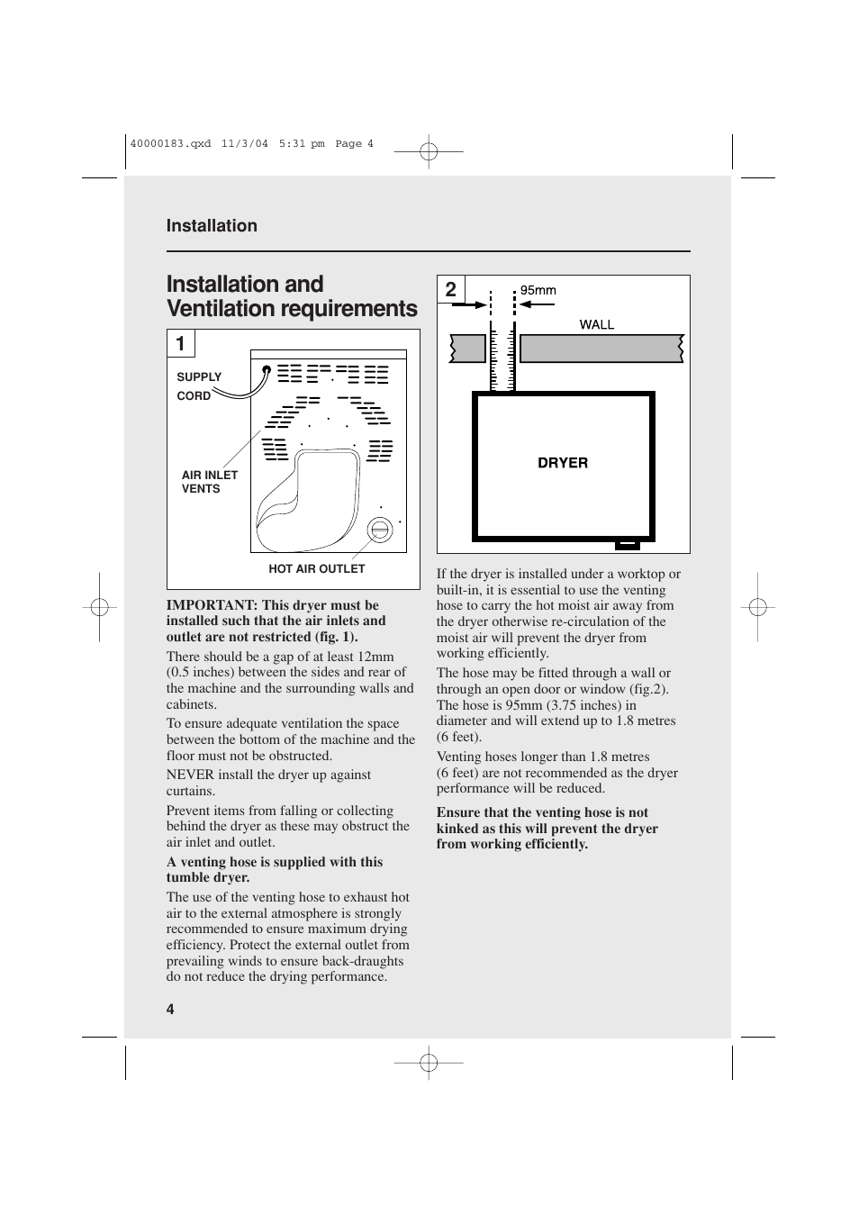 Installation and ventilation requirements | Candy AB CDV 262 User Manual | Page 4 / 12