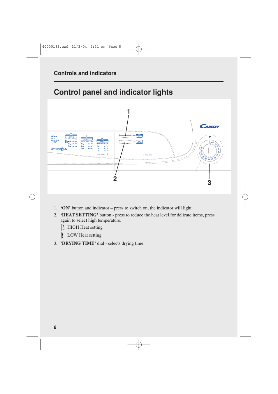 Control panel and indicator lights | Candy AB CDV 262 User Manual | Page 8 / 12
