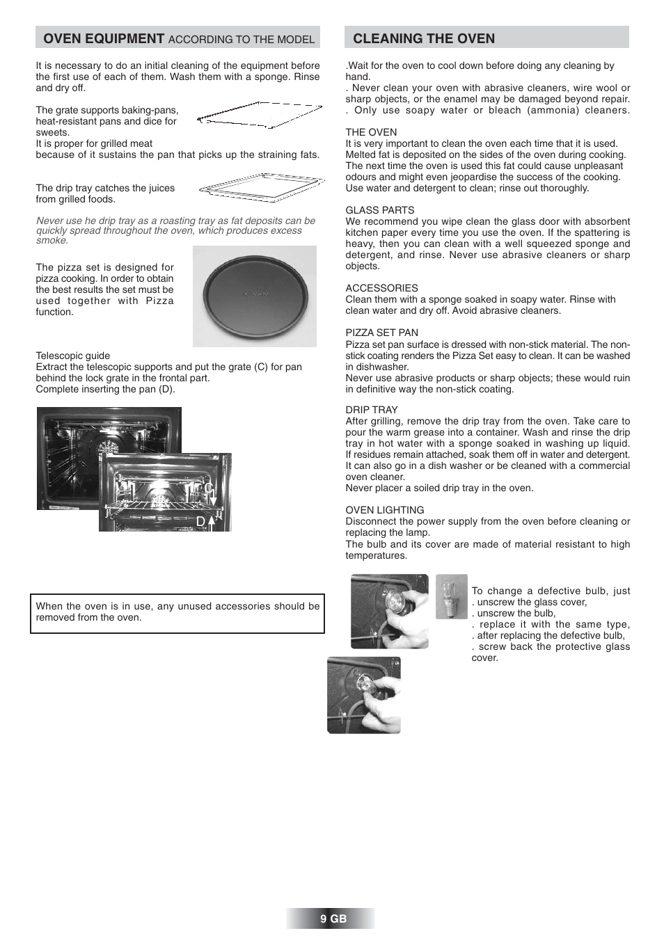 Cleaning the oven, Oven equipment | Candy FS 975 ZEN User Manual | Page 10 / 51