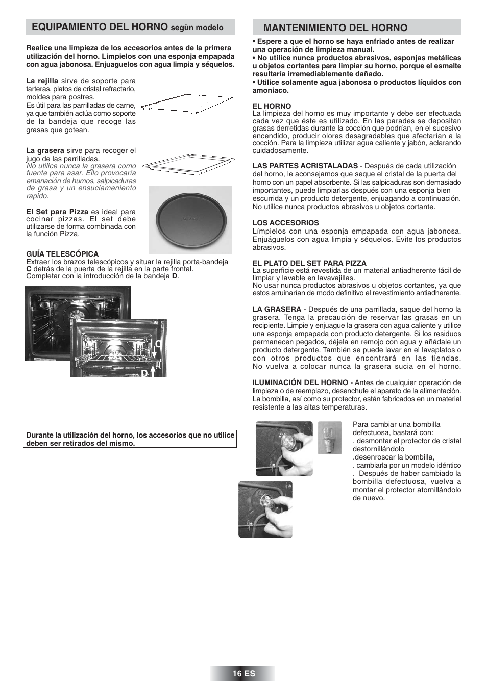 Mantenimiento del horno, Equipamiento del horno | Candy FS 975 ZEN User Manual | Page 17 / 51