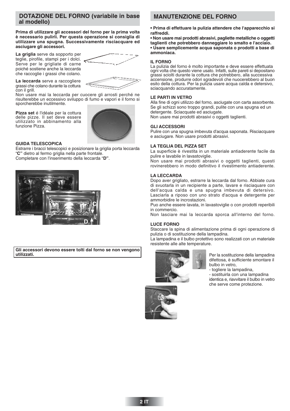 Manutenzione del forno, Dotazione del forno (variabile in base al modello) | Candy FS 975 ZEN User Manual | Page 3 / 51