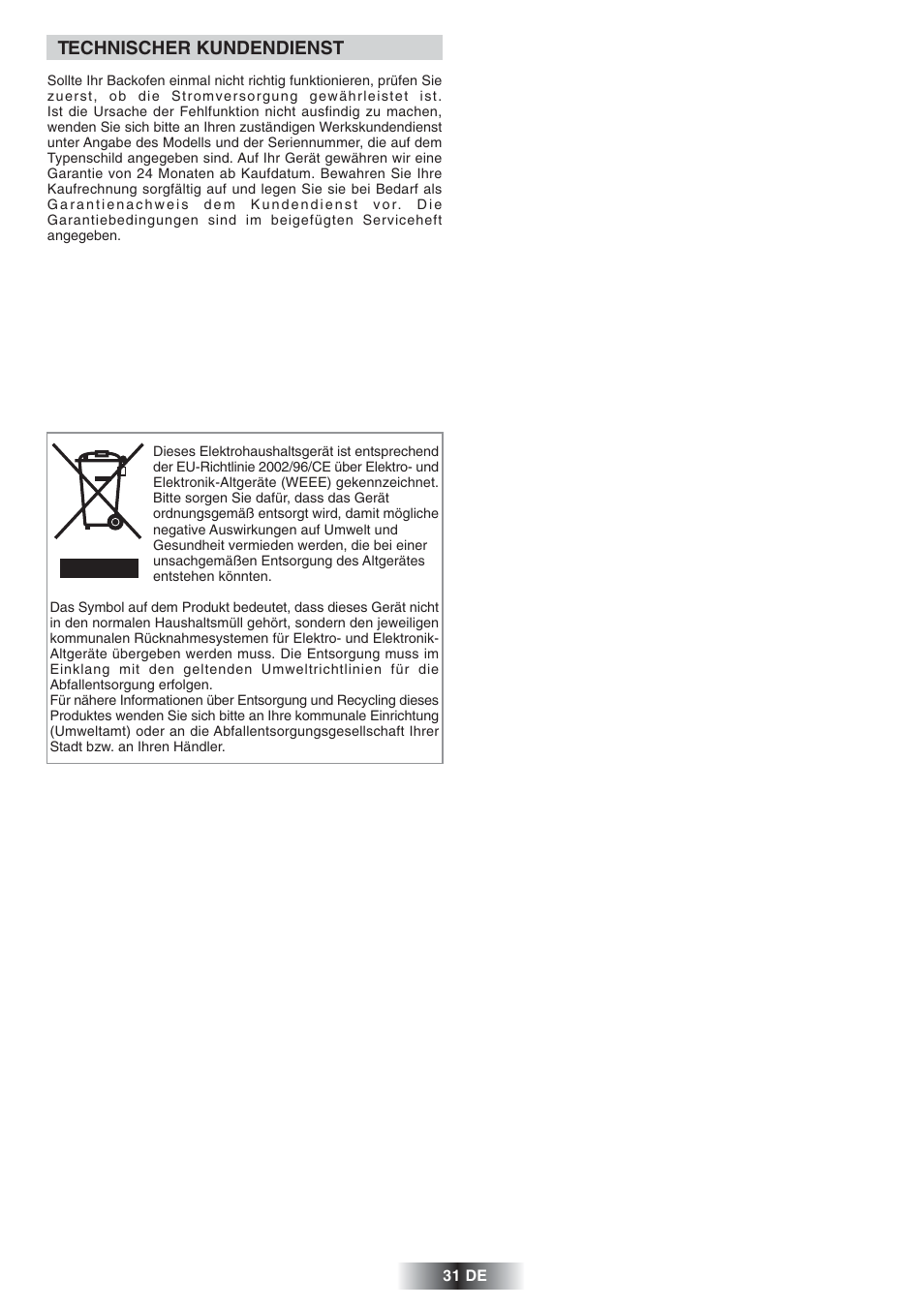 Technischer kundendienst | Candy FS 975 ZEN User Manual | Page 32 / 51