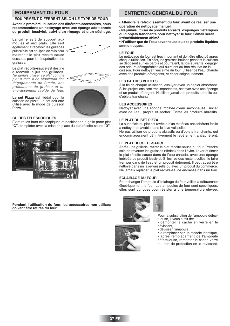 Entretien general du four, Equipement du four | Candy FS 975 ZEN User Manual | Page 38 / 51