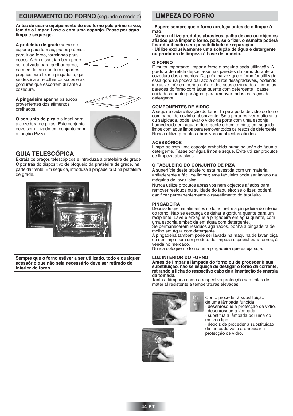 Limpeza do forno, Equipamento do forno, Guia telescópica | Candy FS 975 ZEN User Manual | Page 45 / 51