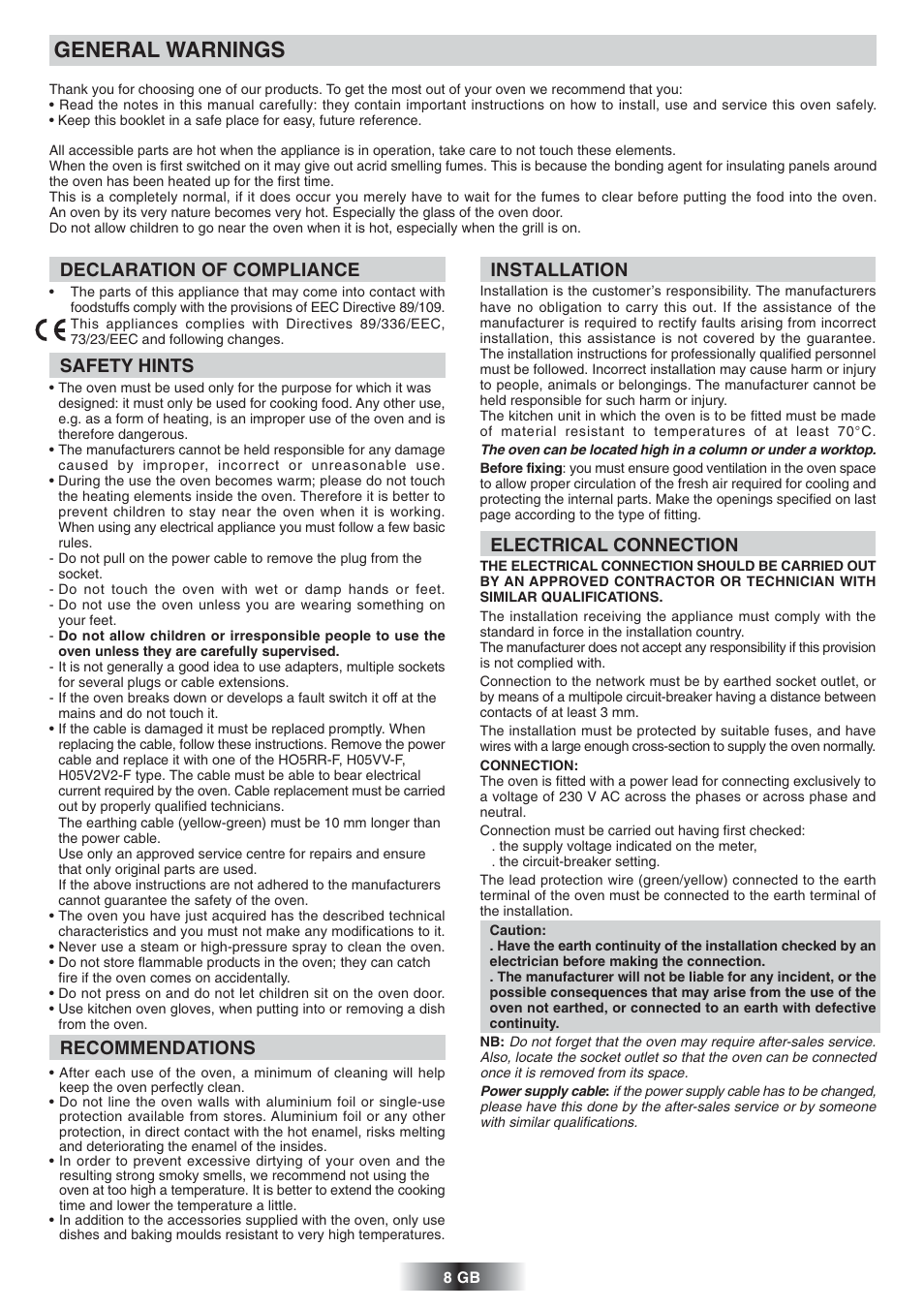 General warnings, Declaration of compliance, Safety hints | Recommendations, Installation, Electrical connection | Candy FS 975 ZEN User Manual | Page 9 / 51