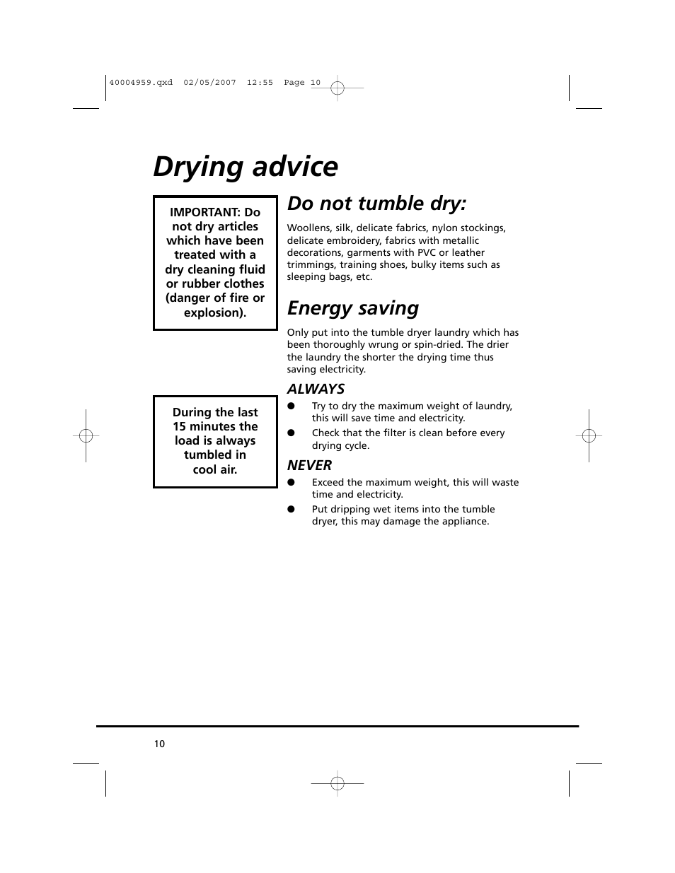 Drying advice, Do not tumble dry, Energy saving | Candy GO V 117-80 User Manual | Page 10 / 20