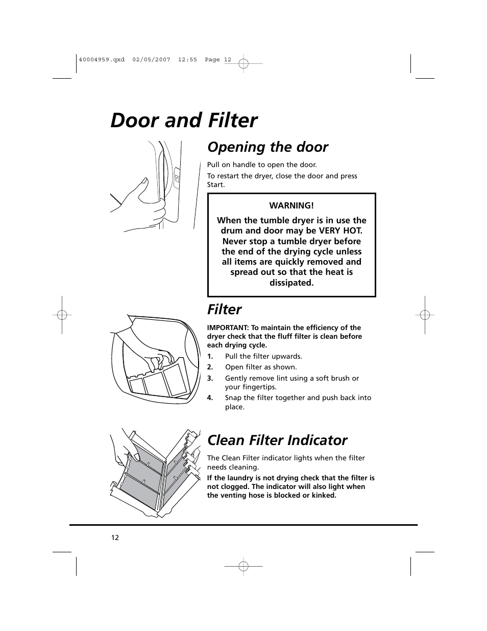 Door and filter, Opening the door, Filter | Clean filter indicator | Candy GO V 117-80 User Manual | Page 12 / 20