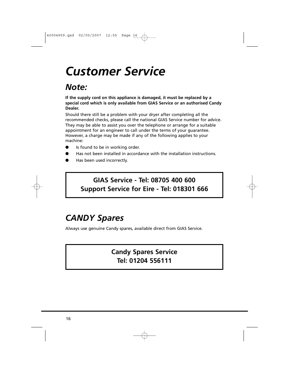 Customer service, Candy spares | Candy GO V 117-80 User Manual | Page 16 / 20