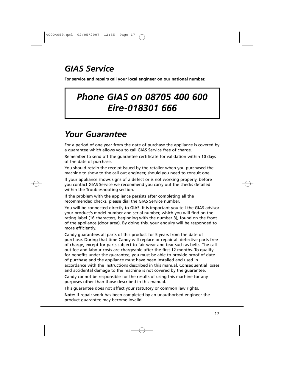 Gias service, Your guarantee | Candy GO V 117-80 User Manual | Page 17 / 20