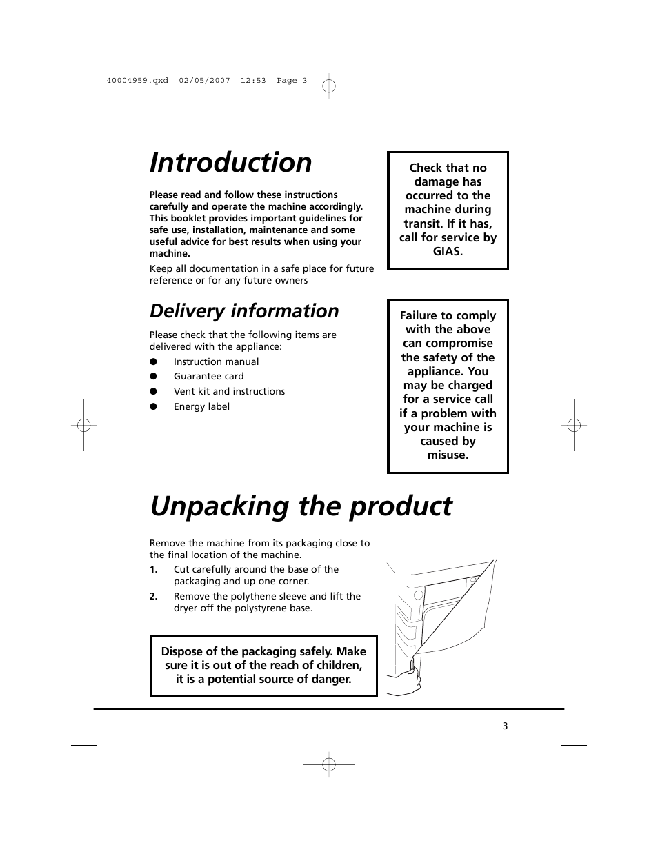 Introduction, Unpacking the product, Delivery information | Candy GO V 117-80 User Manual | Page 3 / 20