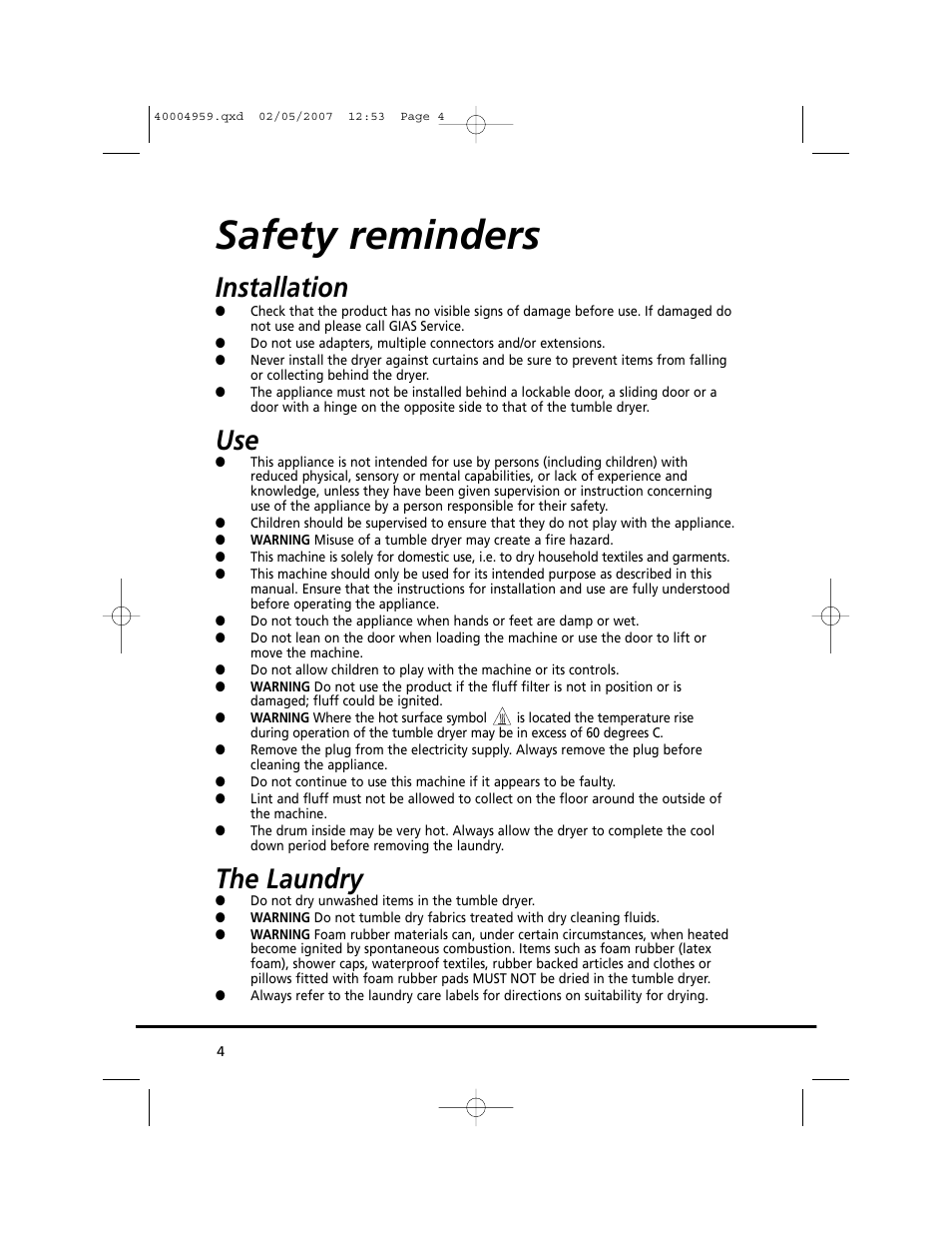 Safety reminders, Installation, The laundry | Candy GO V 117-80 User Manual | Page 4 / 20